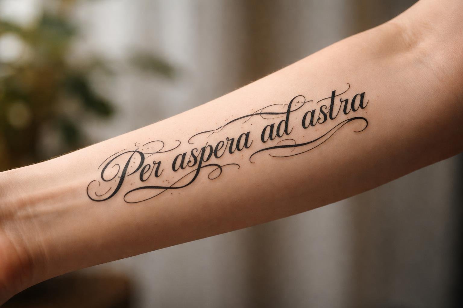 Braço com uma tatuagem em latim em destaque, mostrando letras elegantes em uma pele clara.