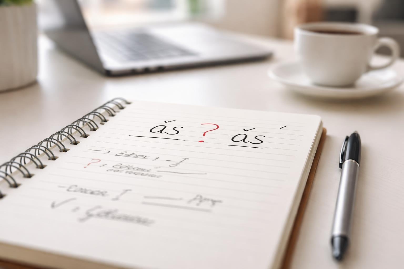 Caderno aberto com anotações sobre as palavras 'às' e 'as', caneta ao lado, laptop e xícara de café ao fundo.