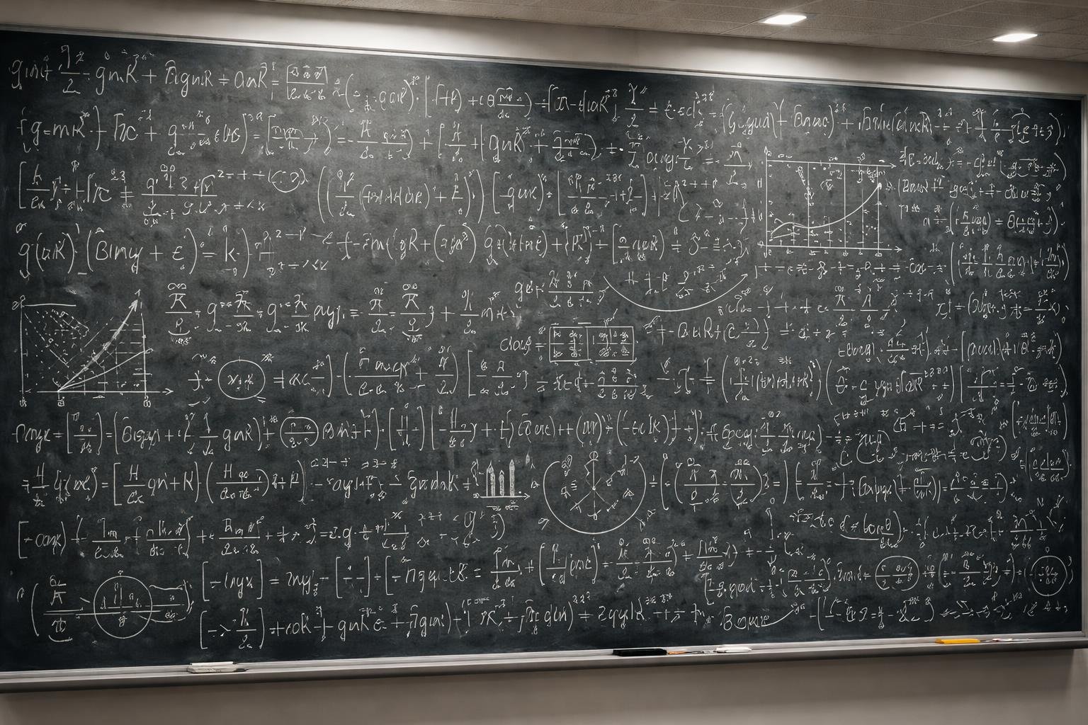 Quadro negro cheio de equações matemáticas complexas em uma sala de aula moderna.