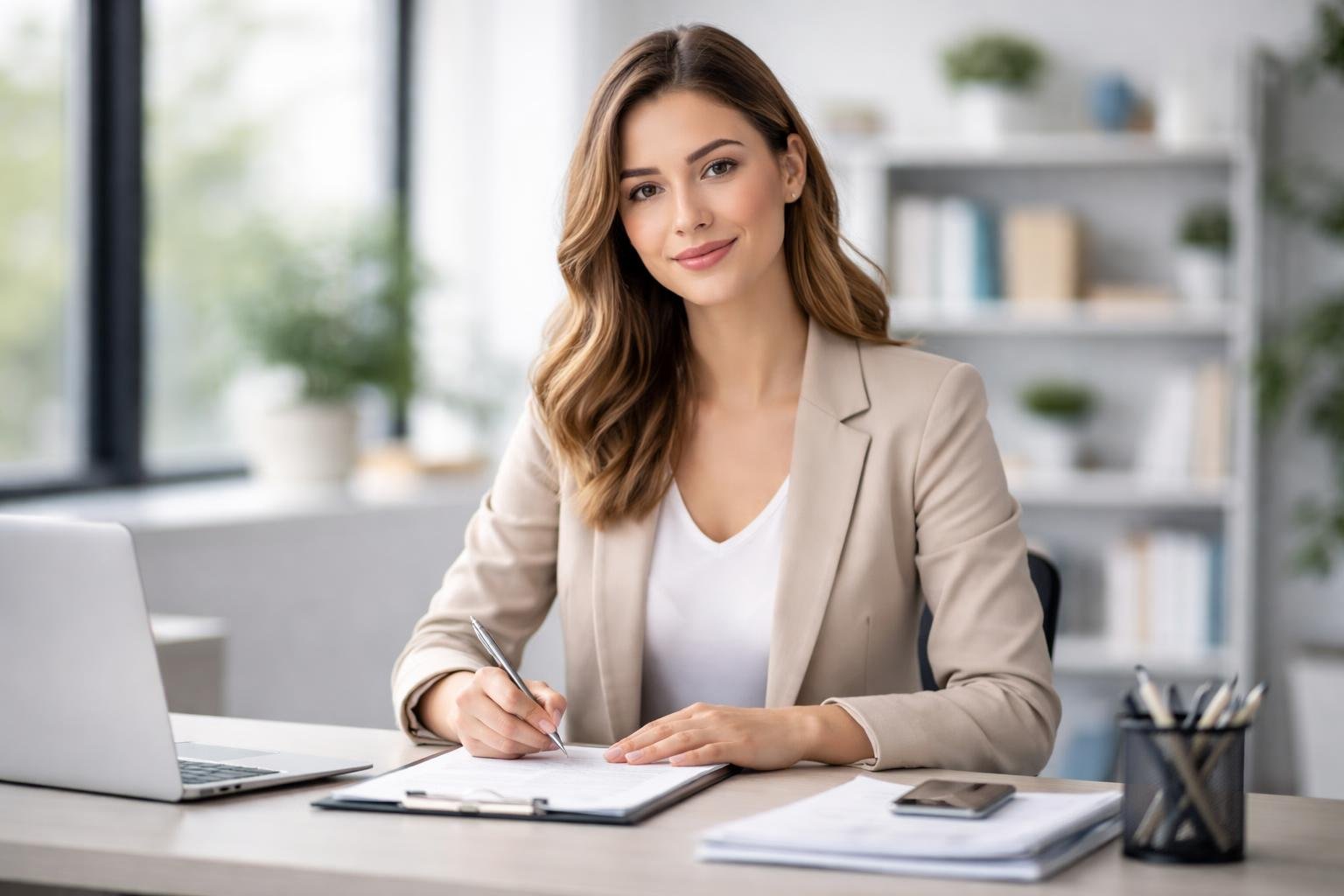 Mulher jovem sentada à mesa de escritório, escrevendo em documentos com expressão confiante.