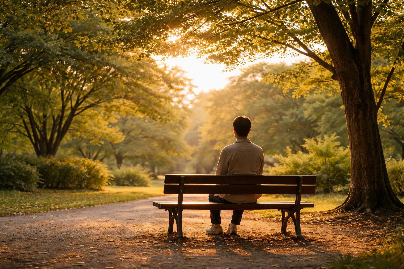 Pessoa sentada sozinha em um banco de madeira em um parque tranquilo, olhando pensativa para o horizonte durante o pôr do sol.