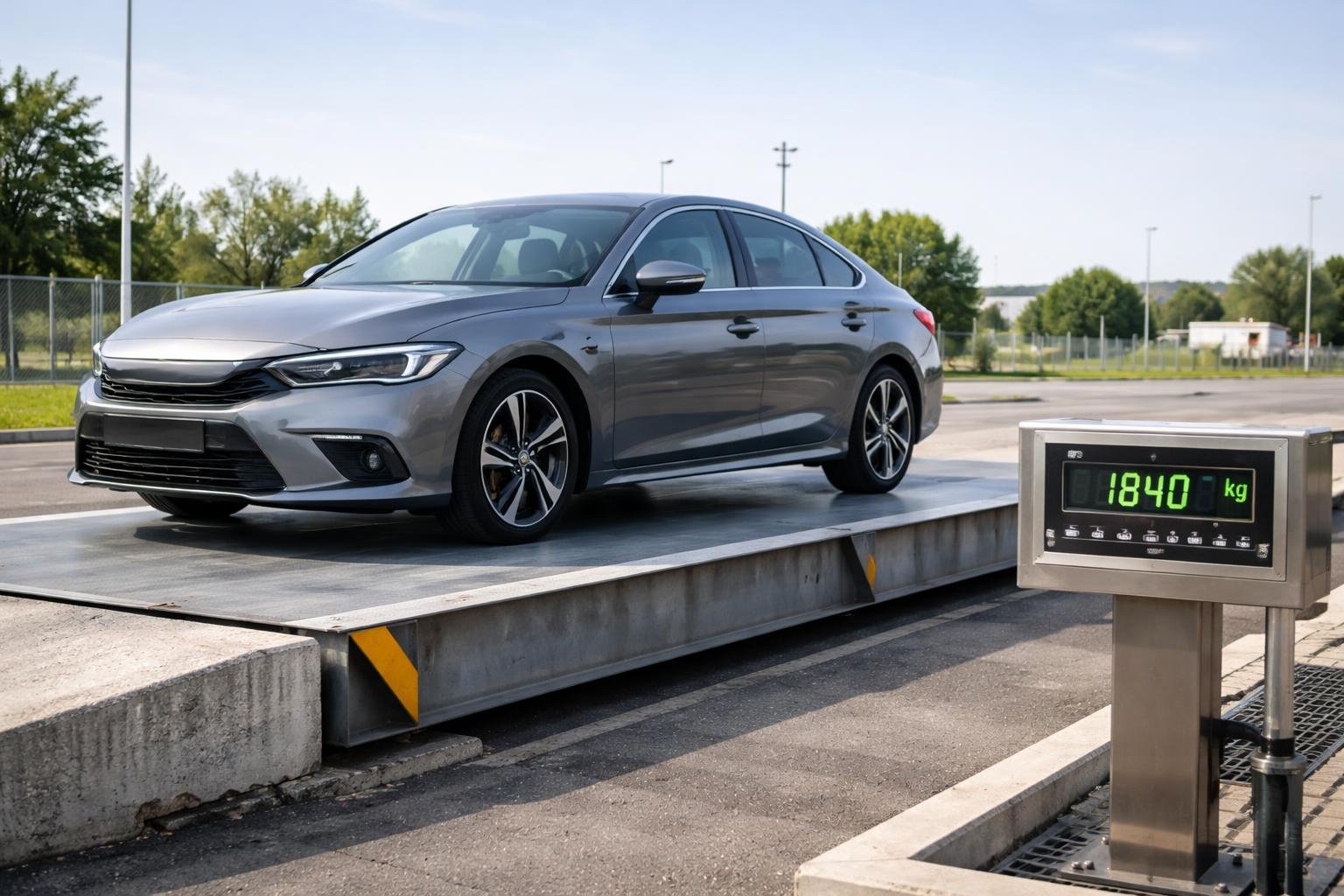 Um carro moderno sendo pesado em uma balança industrial ao ar livre.