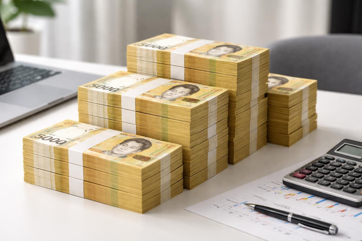 Mesa de escritório com pilhas organizadas de dinheiro em wons coreanos, laptop e calculadora ao redor.