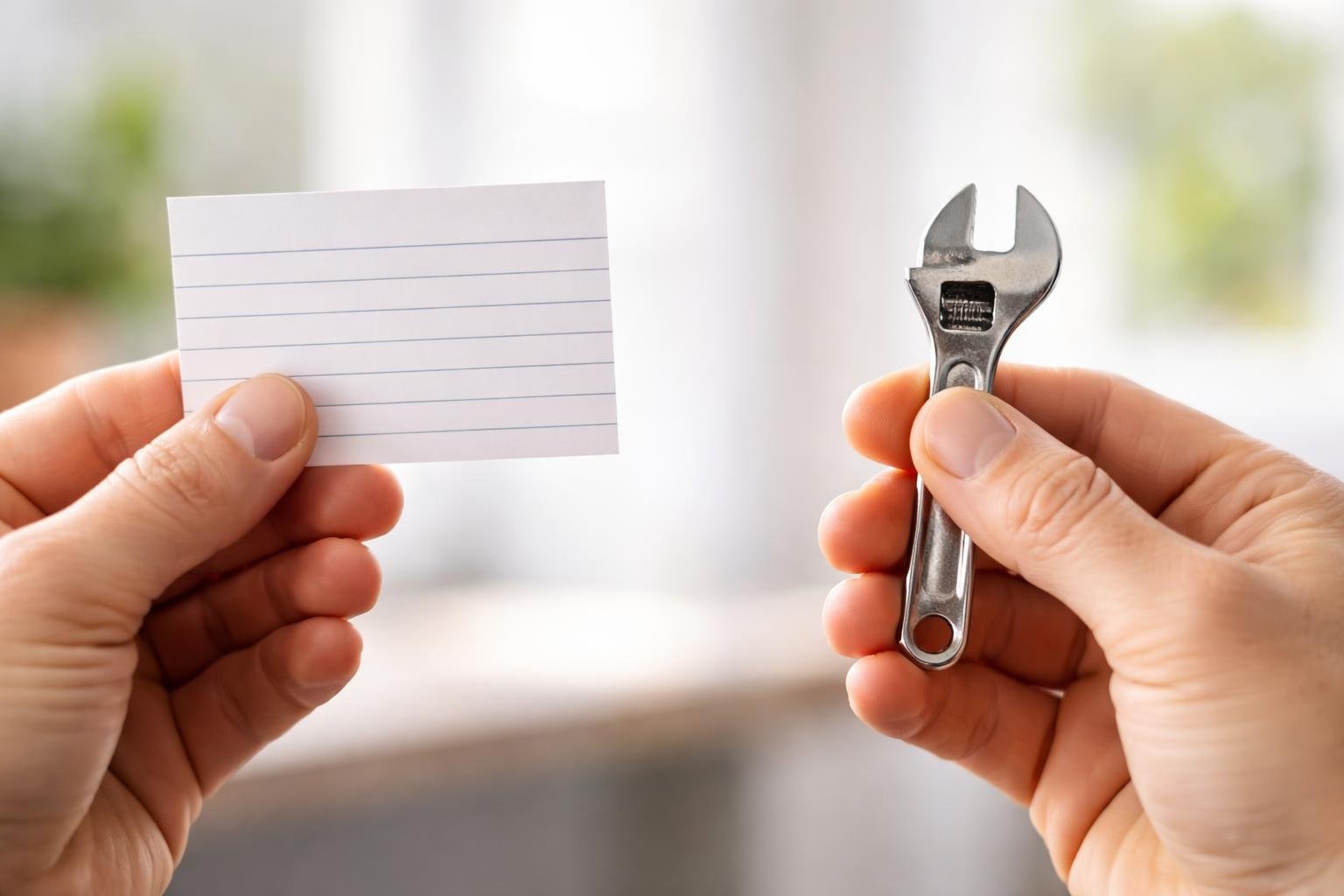 Duas mãos segurando um cartão pequeno e uma ferramenta, simbolizando os conceitos de fixa e ficha.