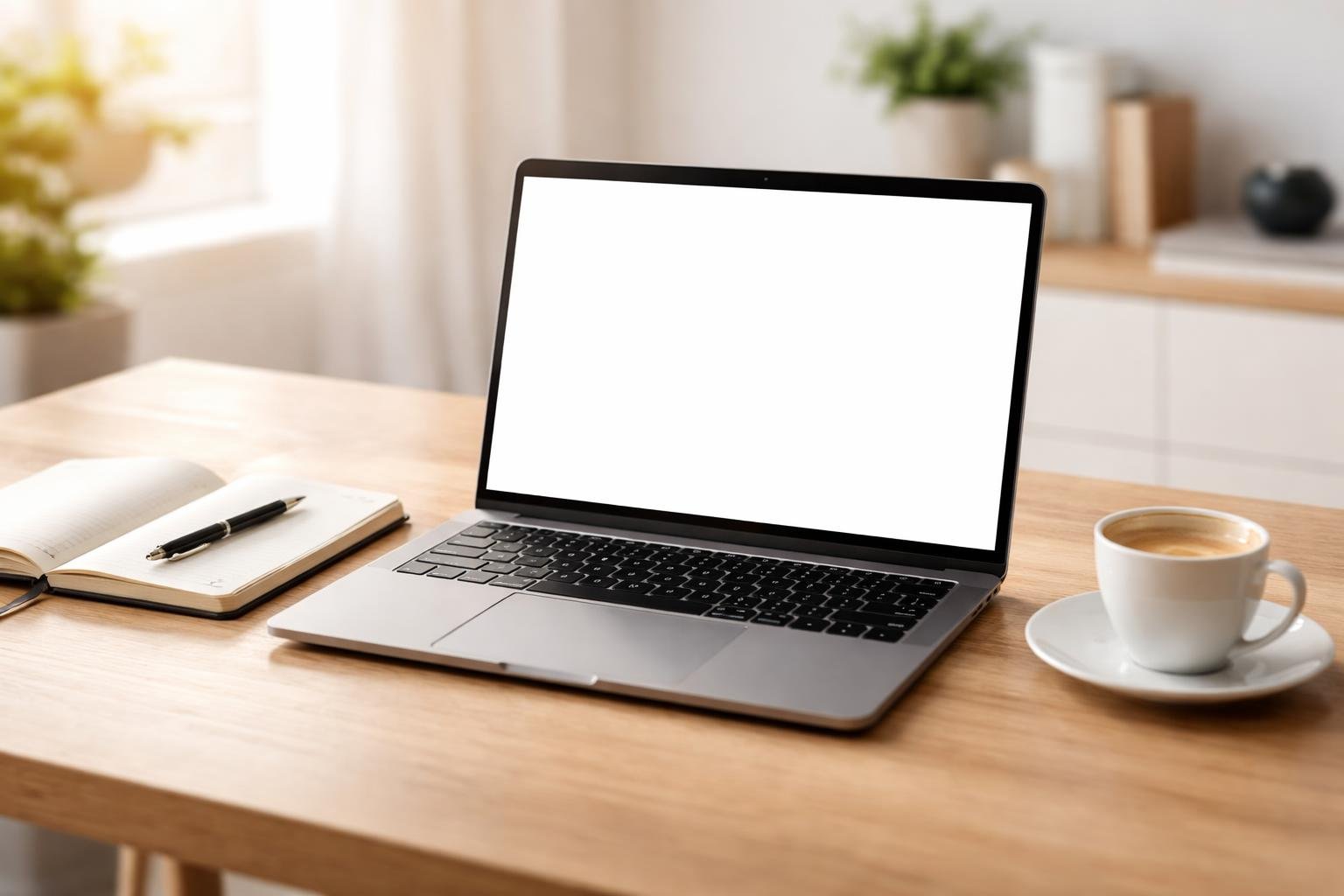 Mesa de trabalho com laptop, caderno, caneta e uma xícara de café em um ambiente iluminado e organizado.