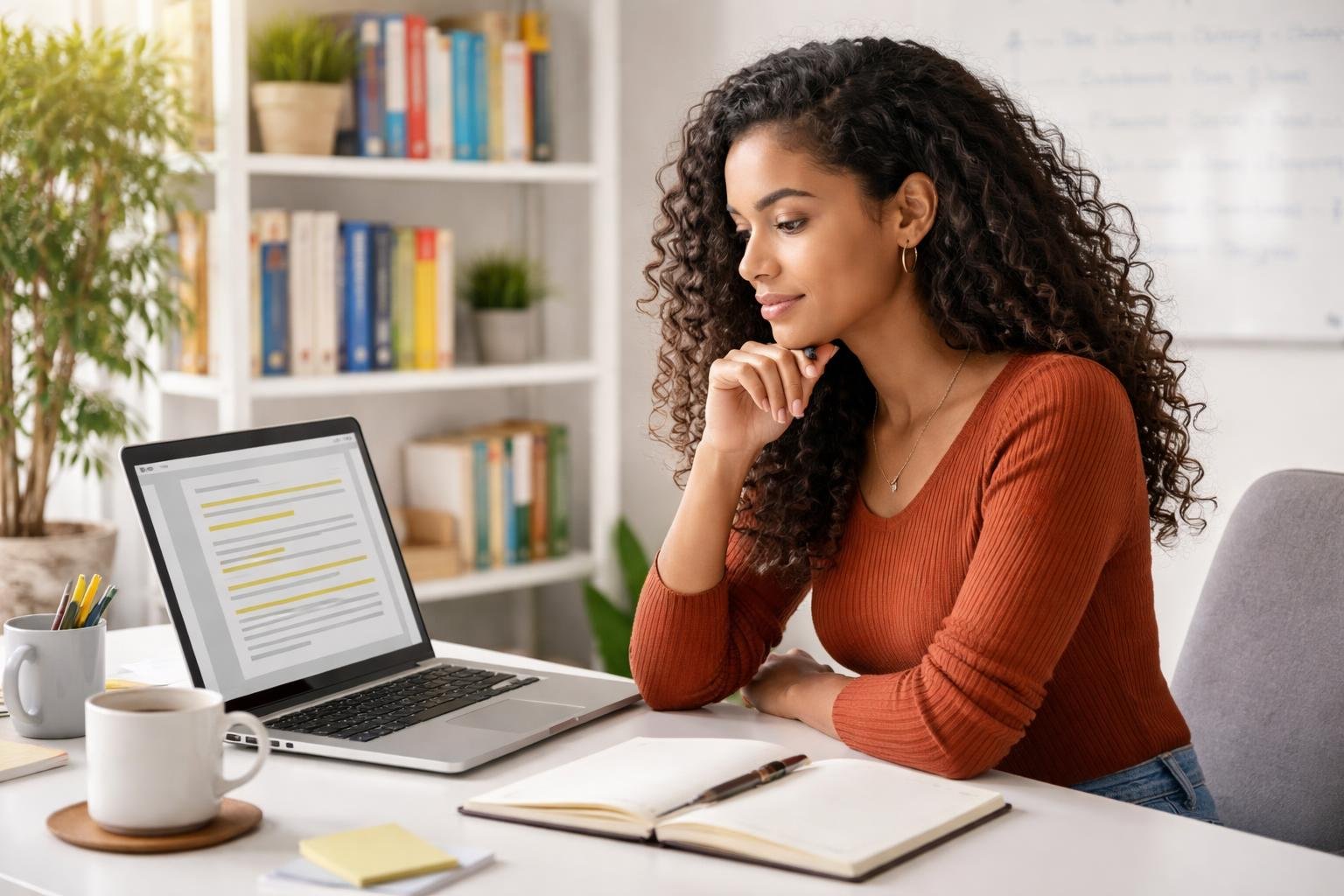 Mulher jovem sentada em uma mesa de escritório, olhando atentamente para um laptop, com livros e materiais de estudo ao redor.