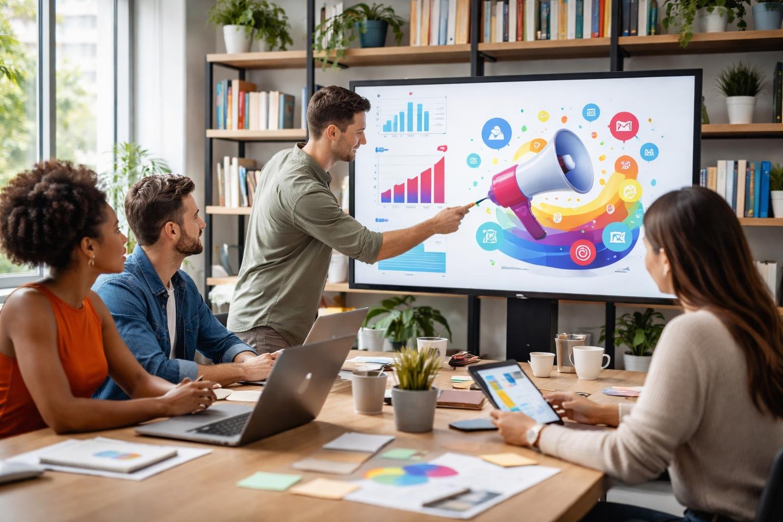 Um grupo diversificado de profissionais colaborando em um escritório moderno, analisando gráficos e imagens promocionais em uma tela digital grande.