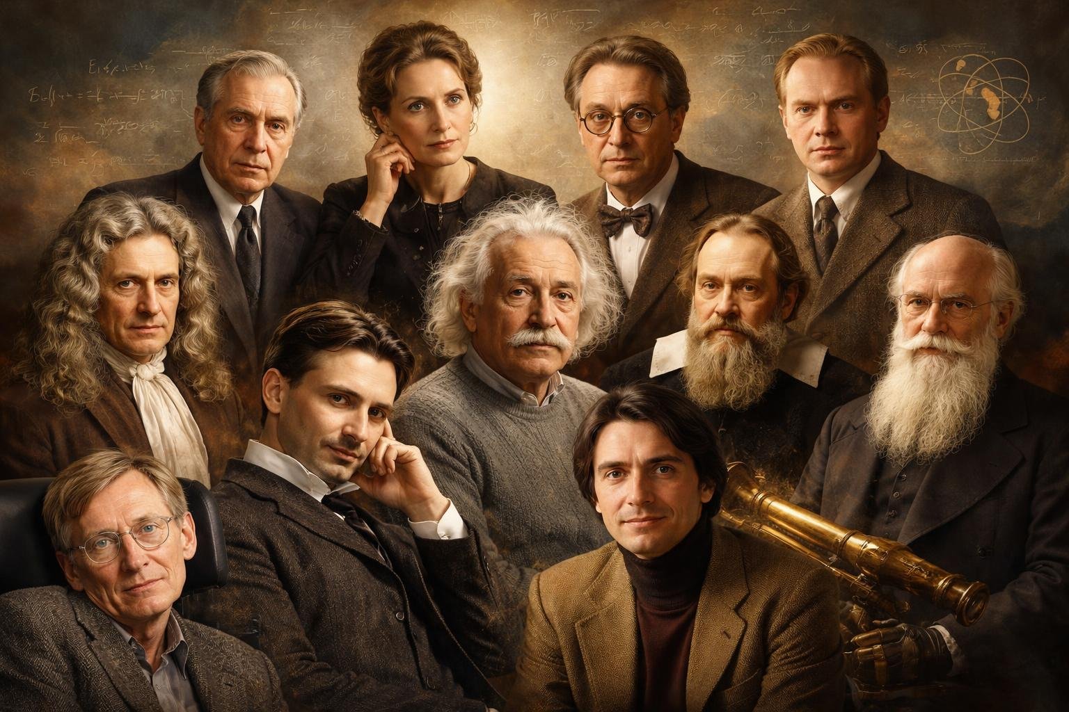 Retratos realistas de vários físicos importantes da história, organizados em uma colagem, com elementos científicos ao fundo.