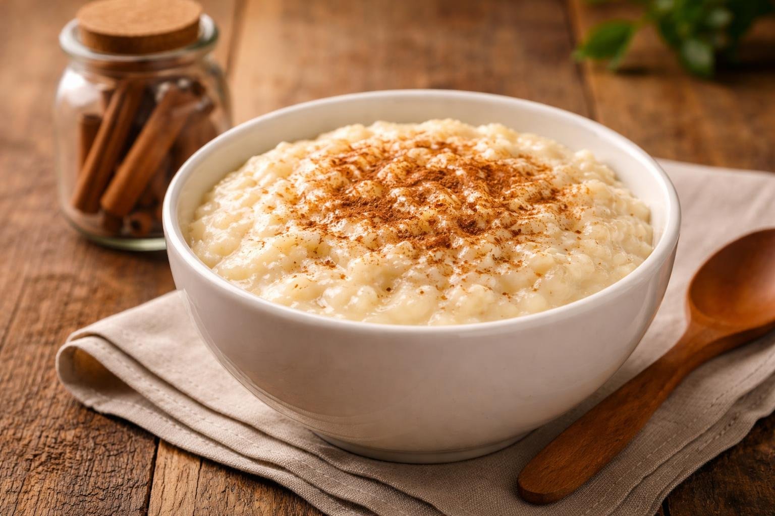 Uma tigela branca com arroz doce cremoso polvilhado com canela, sobre uma mesa de madeira rústica, com um pote de canela em pau ao lado e uma colher de madeira sobre um guardanapo bege.