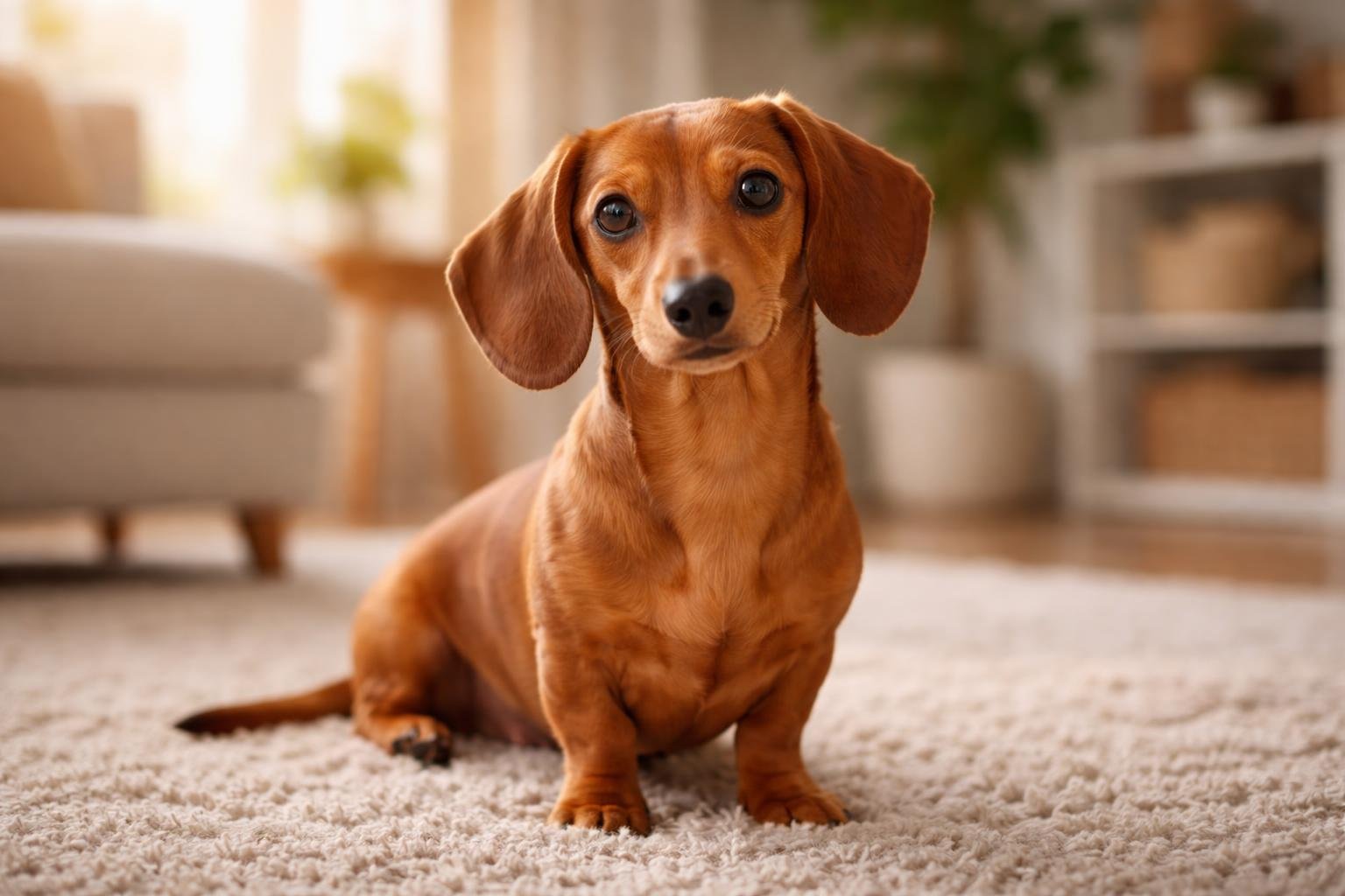 Cachorro da raça salsicha sentado no chão de uma sala aconchegante, olhando para a câmera.