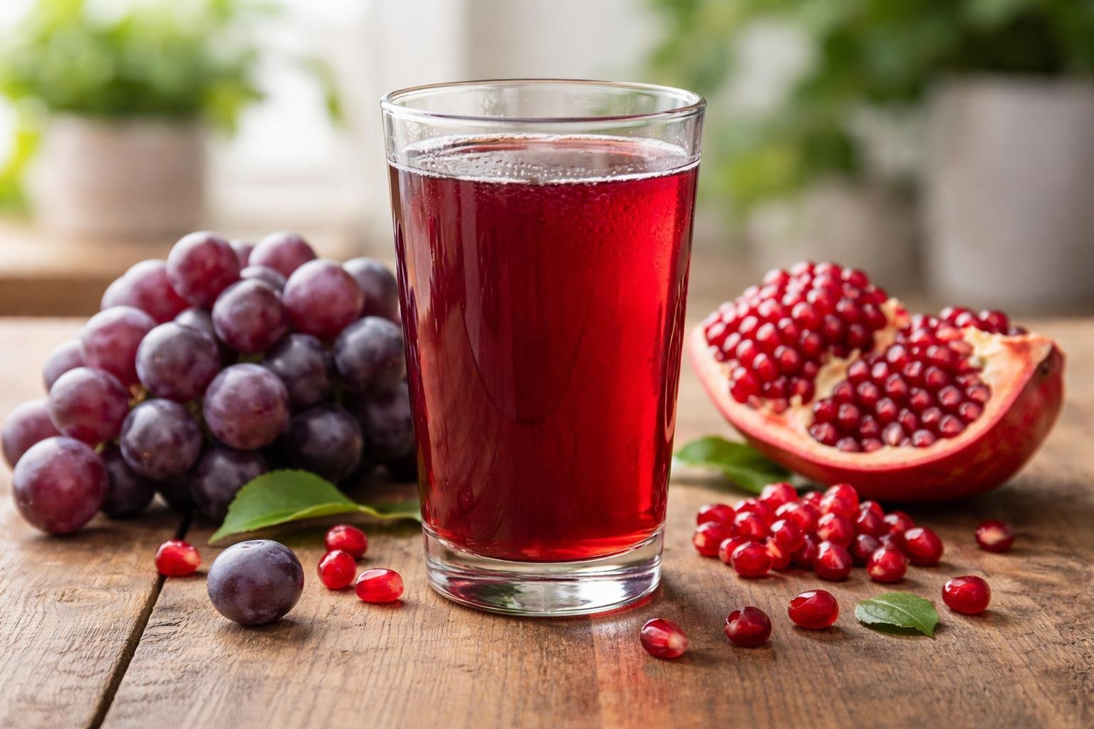 Copo de suco de uva com romã em uma mesa de madeira, cercado por uvas roxas e sementes de romã.