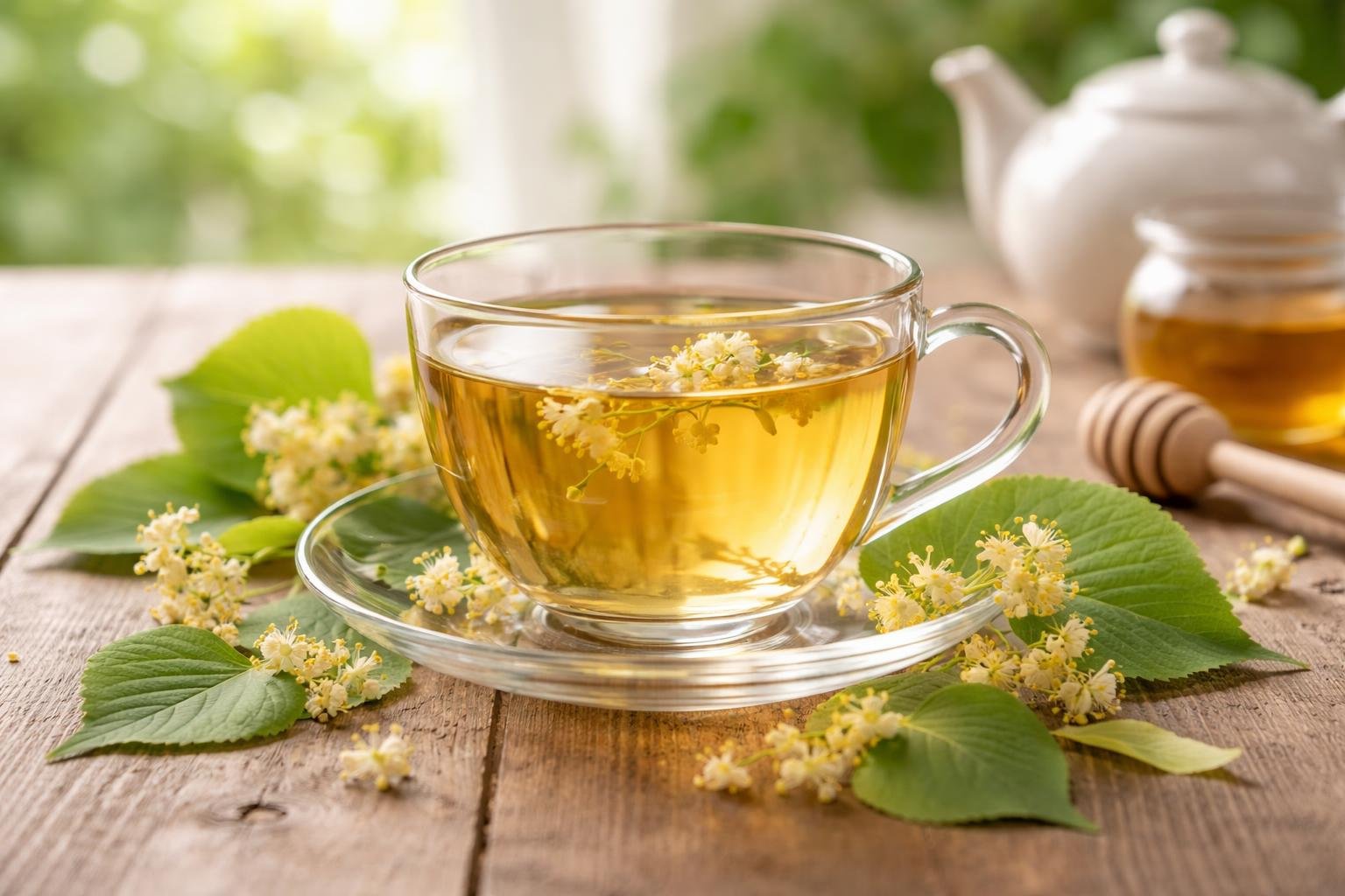 Uma xícara de chá de tília em uma mesa de madeira com folhas e flores de tília ao redor, iluminada por luz natural suave.