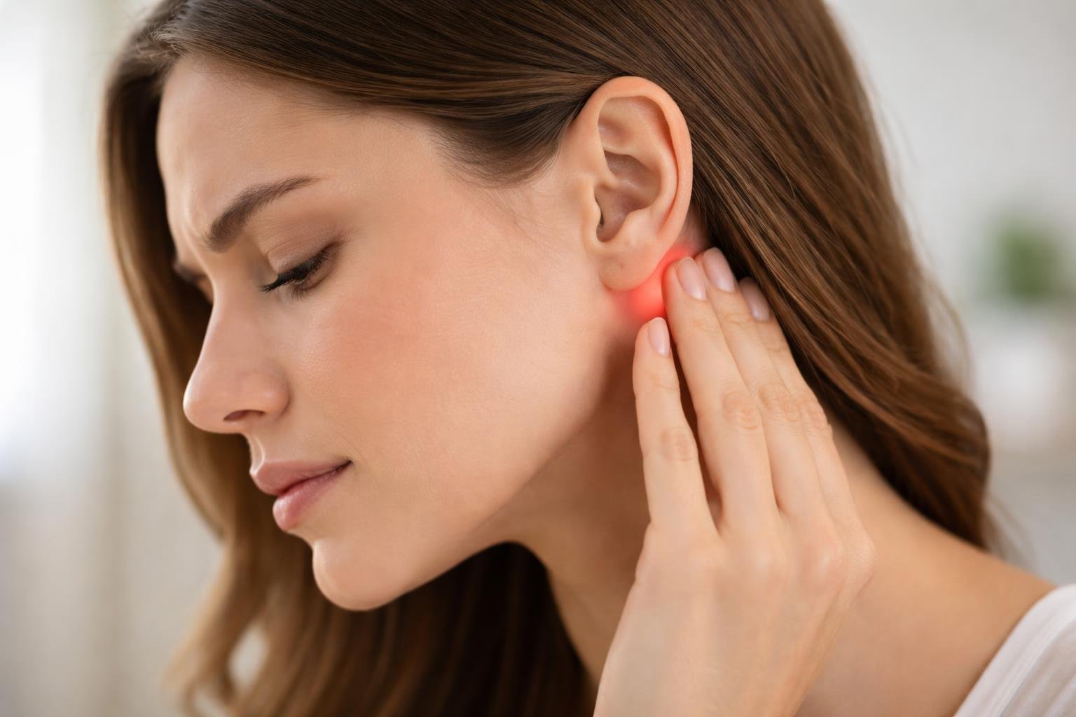 Mulher tocando suavemente um caroço dolorido atrás da orelha com expressão de desconforto.