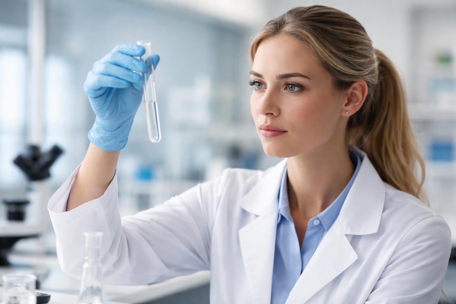 Uma cientista mulher em laboratório moderno segurando um tubo de ensaio transparente, analisando um reagente de gravidez.