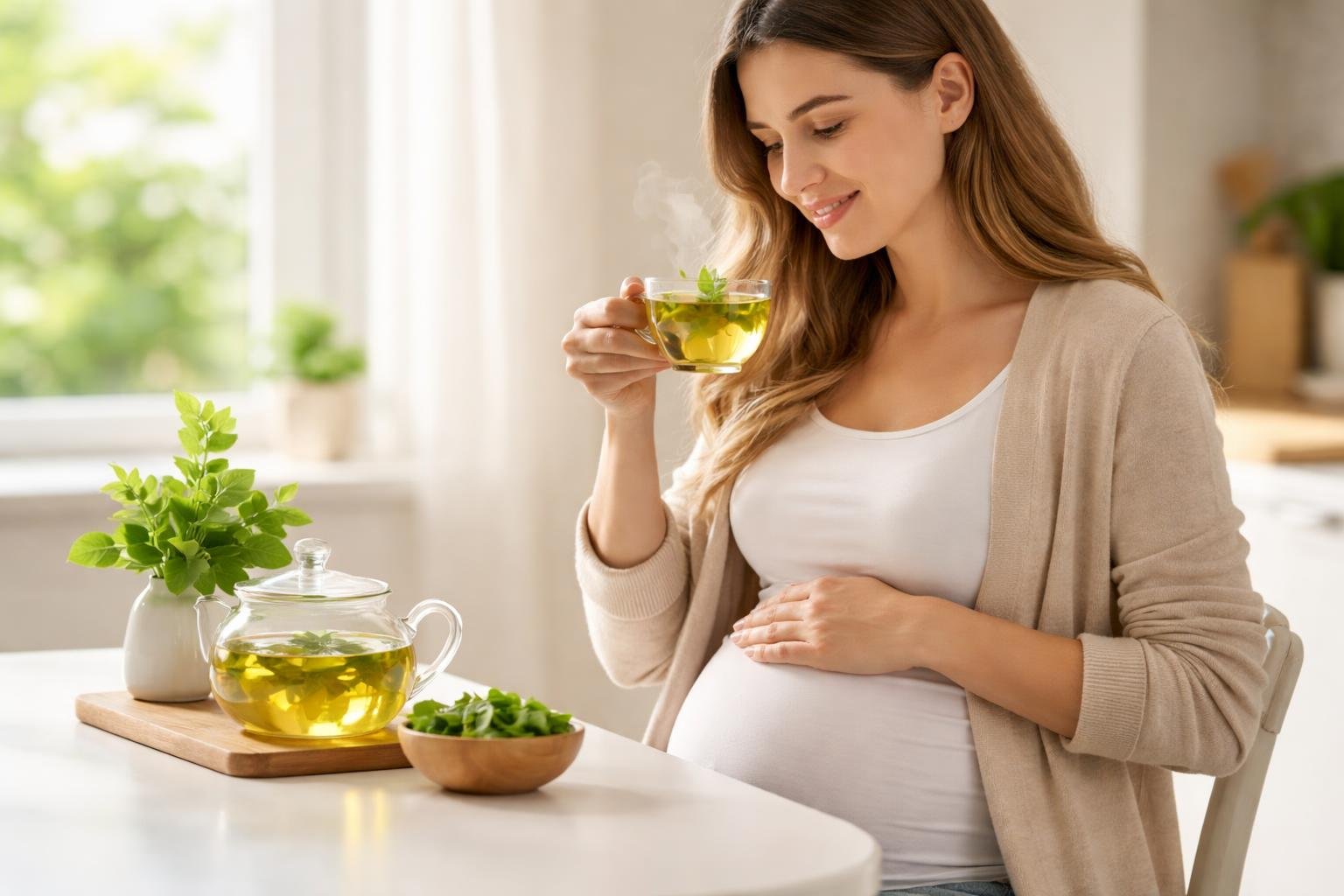 Mulher grávida sentada à mesa segurando uma xícara de chá de cidreira, com uma chaleira e folhas frescas na mesa.