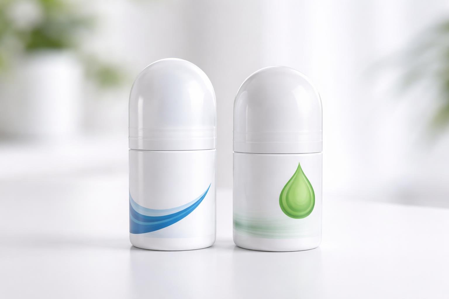 Dois frascos de desodorante colocados lado a lado sobre uma superfície branca, um representando Odaban e o outro Perspirex.