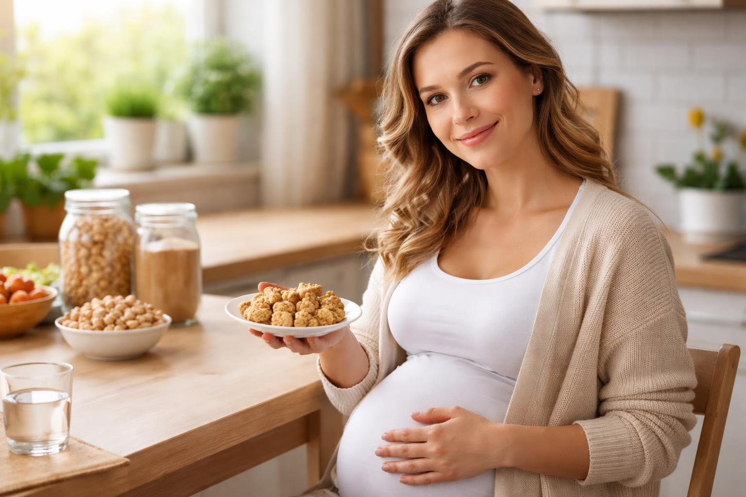Mulher grávida sorrindo sentada à mesa segurando um prato com paçoca em uma cozinha iluminada.