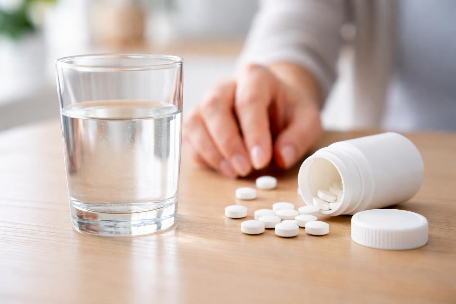 Um copo de água sobre uma mesa de madeira ao lado de um frasco aberto de comprimidos brancos, com uma mão ao fundo alcançando os comprimidos.