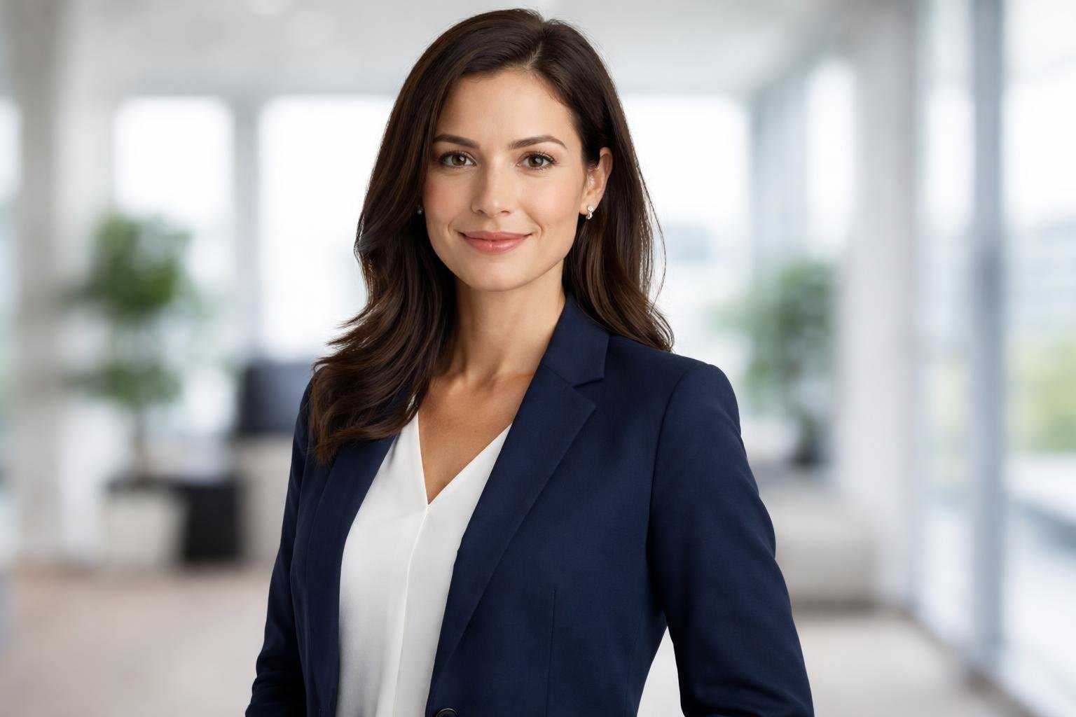 Mulher confiante em um escritório moderno, sorrindo e vestindo roupa profissional.