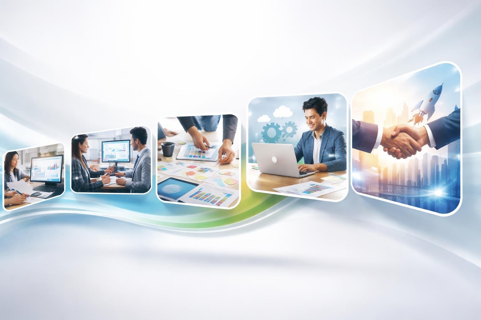 Sequência de imagens mostrando diferentes etapas de um processo em um fundo claro e moderno.