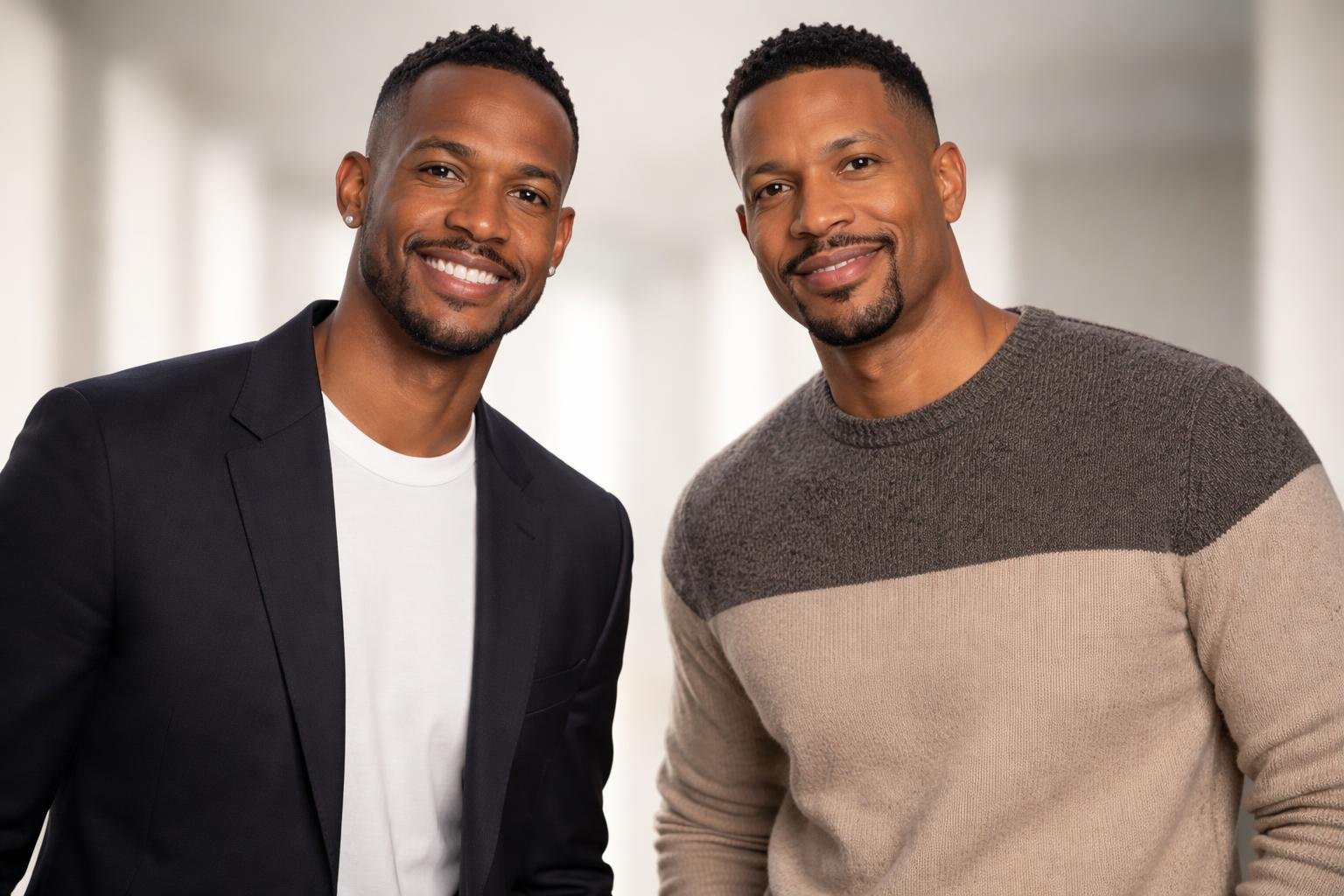 Dois homens adultos afro-americanos lado a lado, sorrindo e olhando para a câmera em um fundo neutro.