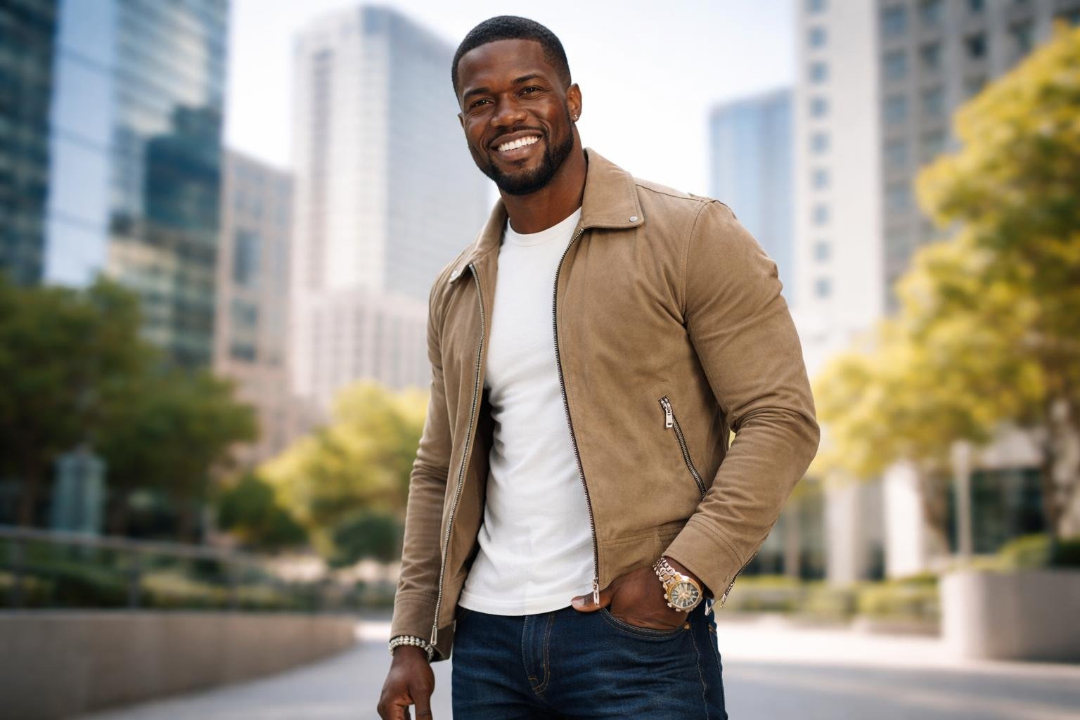 Homem sorridente em pé ao ar livre em um ambiente urbano com prédios modernos ao fundo.