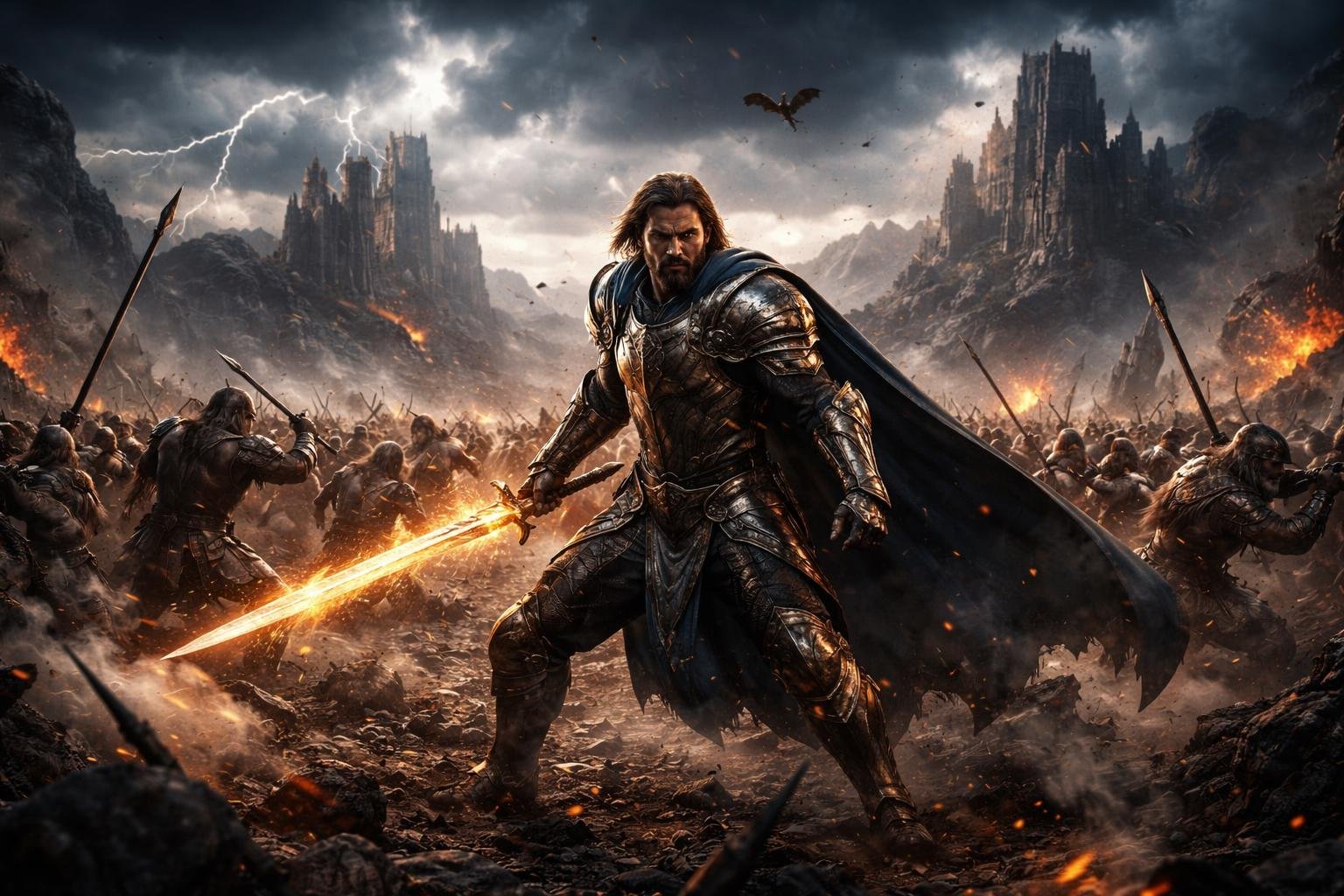 Cena de batalha épica entre guerreiros e criaturas fantásticas em um campo de guerra com castelos e montanhas ao fundo.