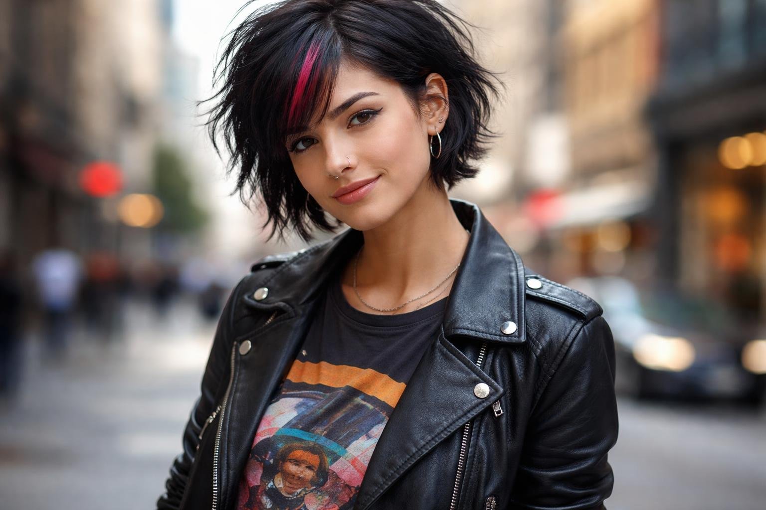 Jovem mulher com cabelo curto e colorido, vestindo jaqueta de couro, em ambiente urbano com prédios ao fundo.