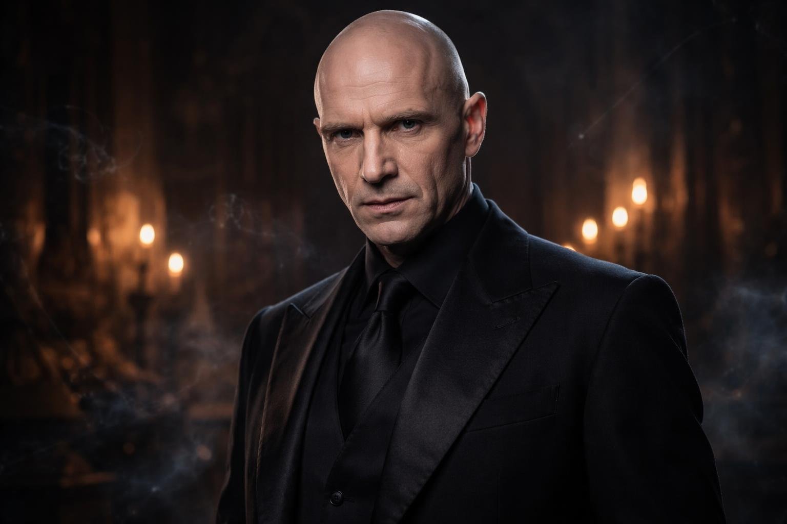 Ator masculino sério e elegante em ambiente clássico e sombrio, com aparência pálida e expressão intensa.