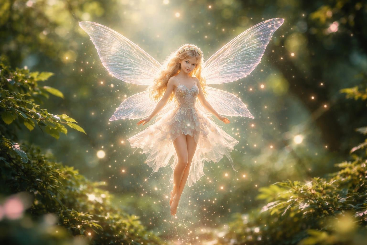 Uma pequena fada brilhante com asas translúcidas voando em uma floresta verdejante com luz suave ao redor.