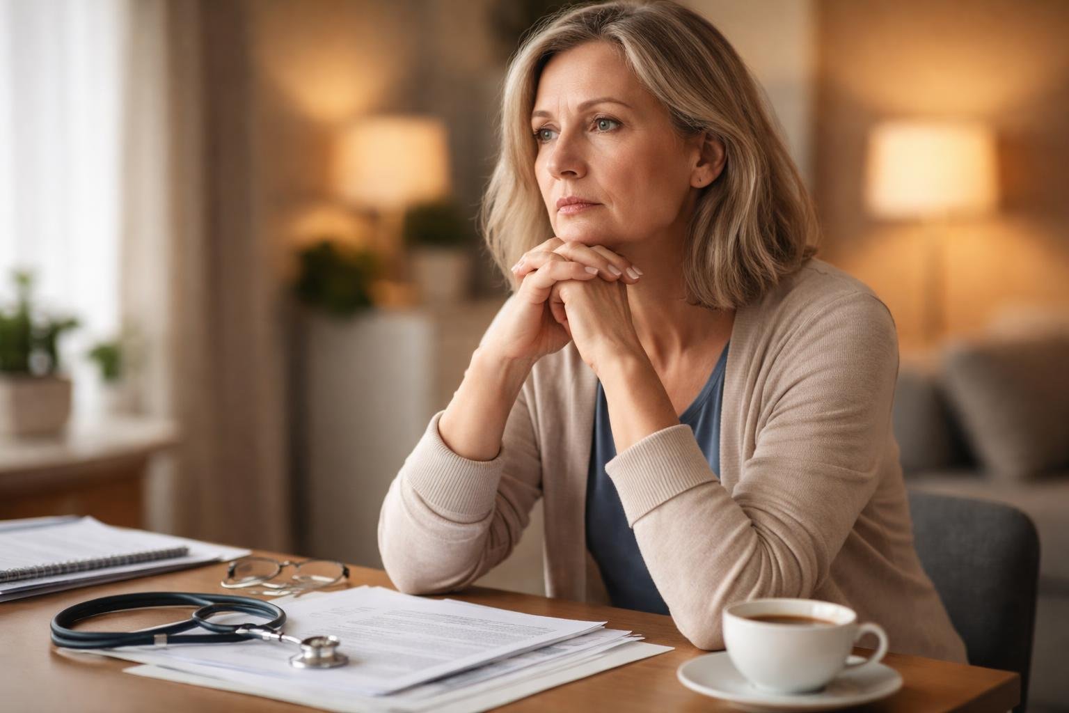 Pessoa pensativa sentada à mesa com documentos médicos e estetoscópio, em um ambiente calmo e iluminado.
