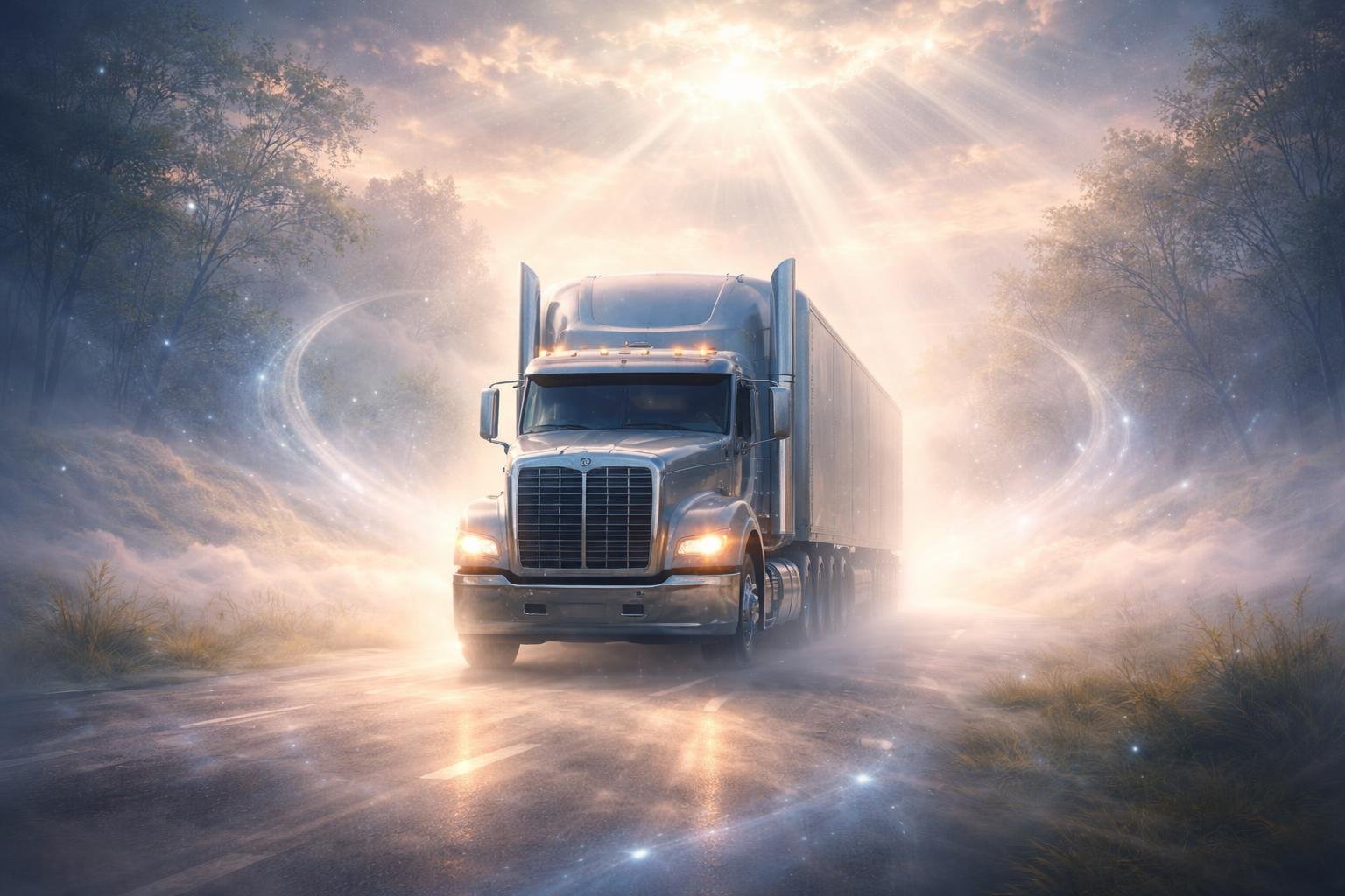 Um caminhão grande dirigindo por uma estrada enevoada com luz suave e elementos espirituais ao redor, em uma paisagem serena ao amanhecer.