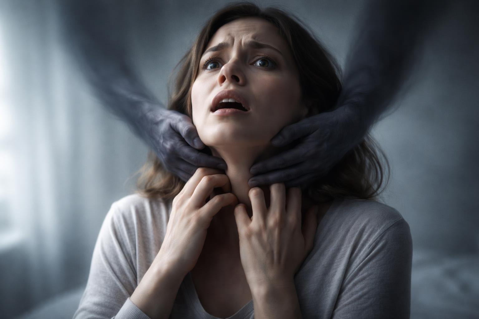 Pessoa com expressão de angústia e mãos próximas ao pescoço, com mãos sombreadas ao redor do pescoço, representando sensação de sufocamento.