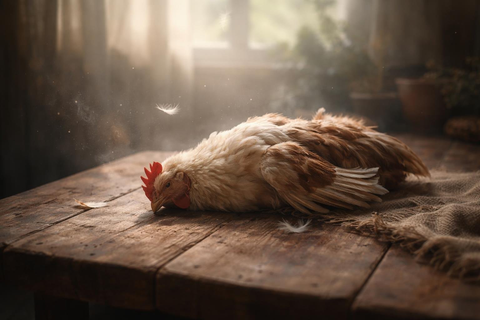 Uma galinha morta repousando sobre uma mesa de madeira em um ambiente tranquilo e iluminado pela luz natural.