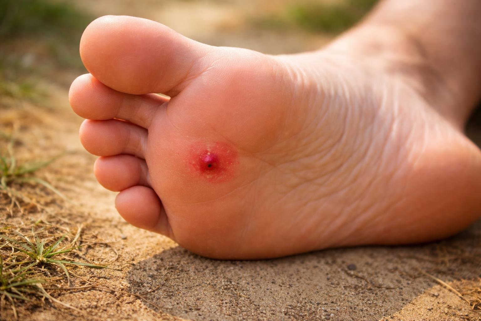 Close-up de um pé descalço com uma pequena bolha vermelha na sola, indicando bicho de pé.