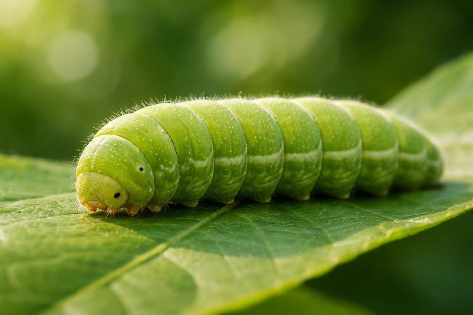 Uma lagarta verde descansando sobre uma folha verde em um ambiente natural.