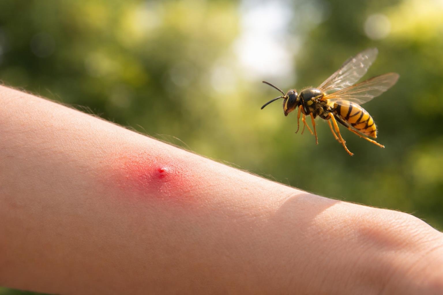 Mão com uma pequena marca vermelha de picada de marimbondo, com um marimbondo voando próximo.