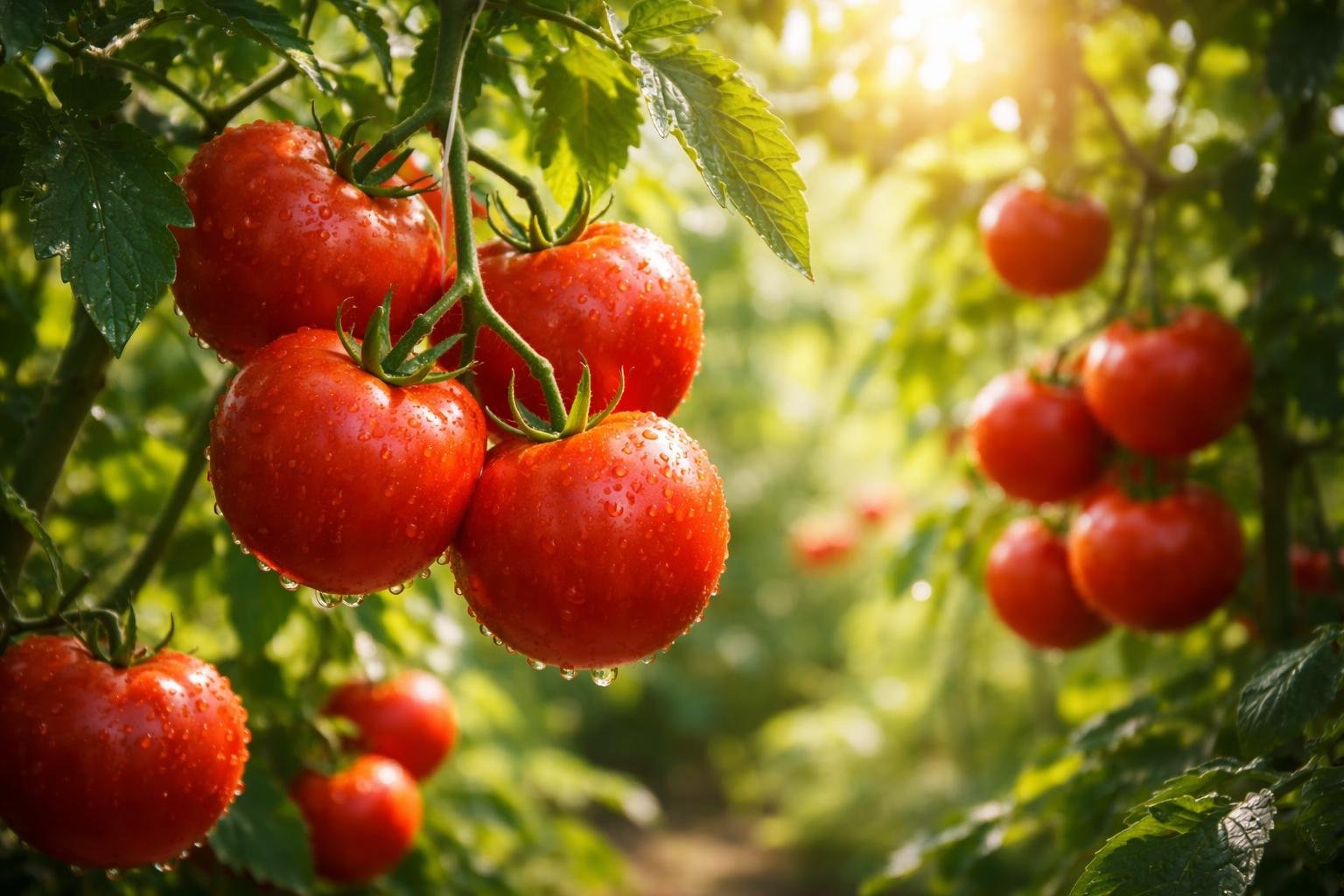 Tomates vermelhos maduros pendurados em videiras verdes em um jardim iluminado pelo sol.