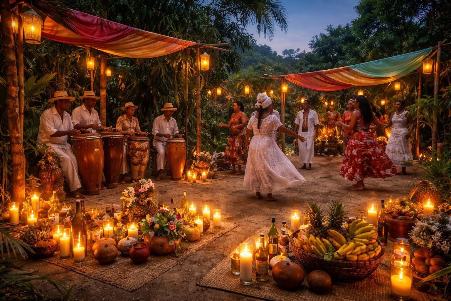 Espaço ao ar livre com pessoas em roupas tradicionais realizando cerimônia espiritual em terreiro de macumba, com objetos rituais e vegetação ao redor.