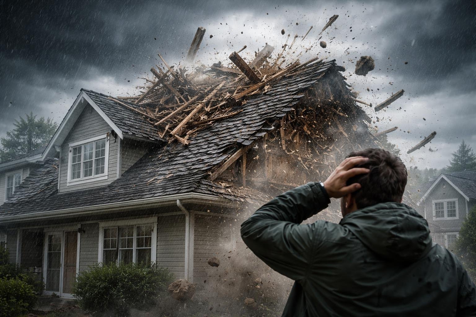 Uma casa com o telhado caindo durante uma tempestade, com uma pessoa preocupada olhando para cima.