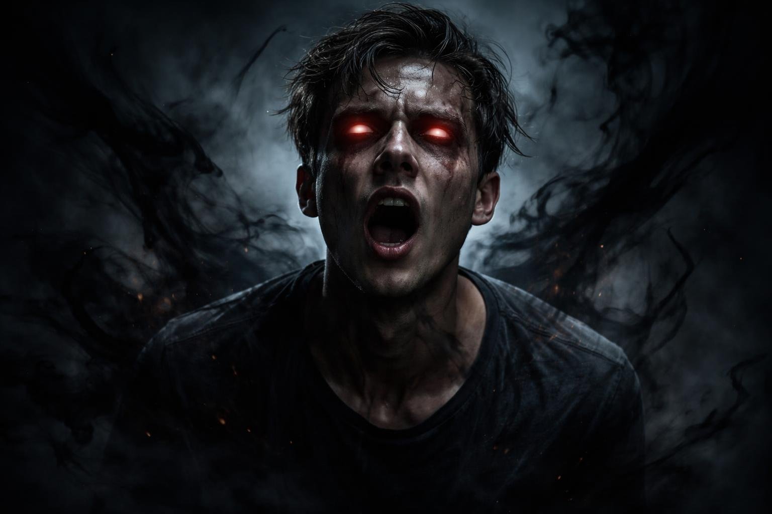 Pessoa com expressão angustiada e olhos avermelhados em um ambiente escuro e nebuloso, transmitindo uma sensação de possessão demoníaca.