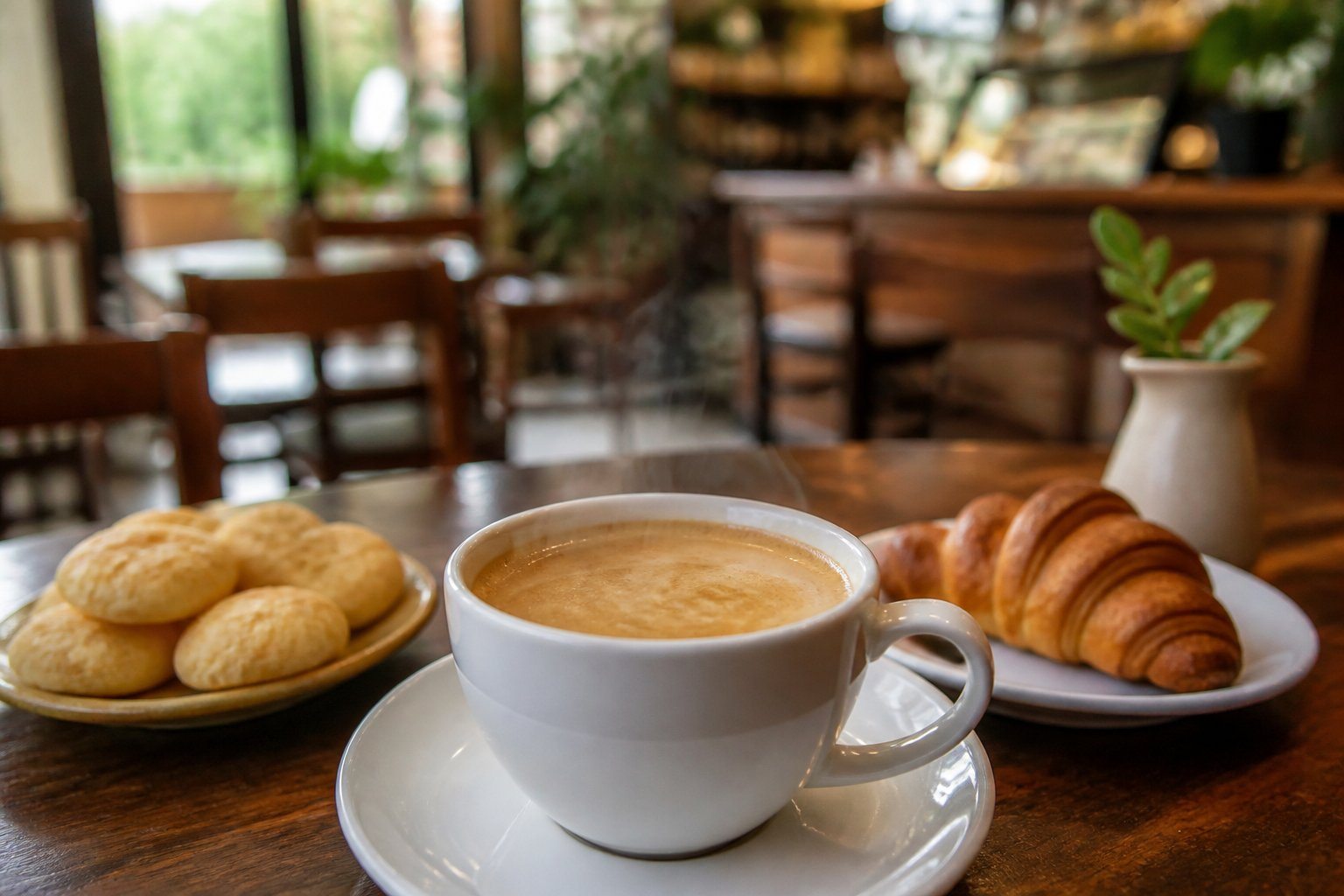 Xícara de café com leite em uma mesa de madeira em um café aconchegante com petiscos ao lado.