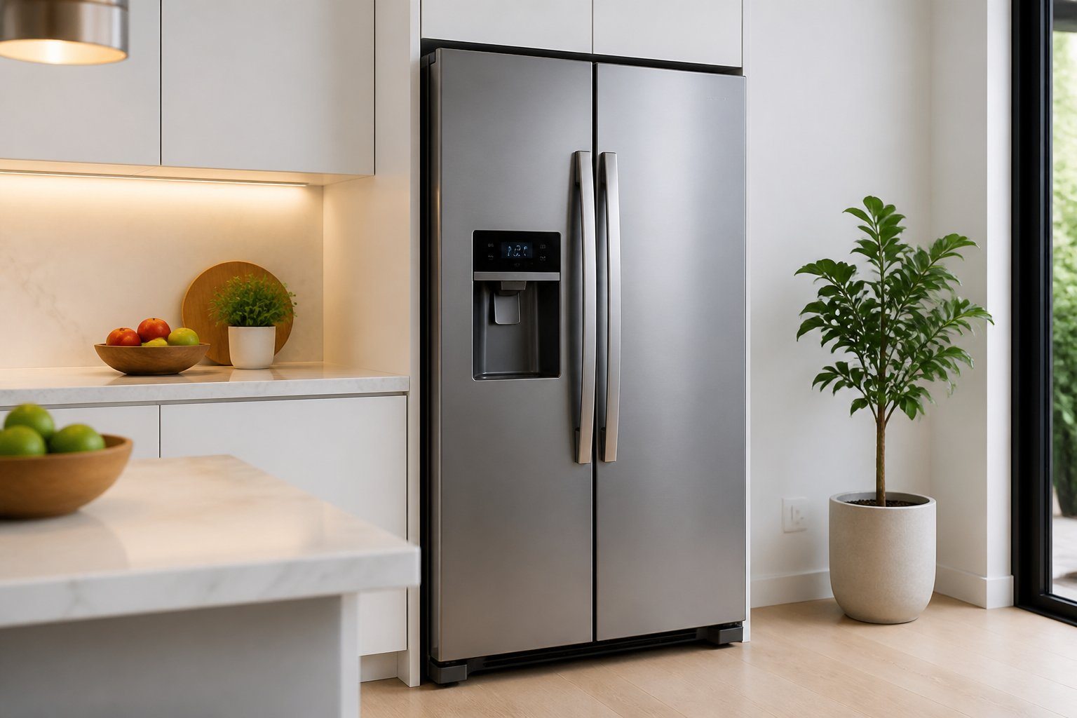 Geladeira LG side by side moderna em uma cozinha contemporânea com armários brancos e bancada de mármore.
