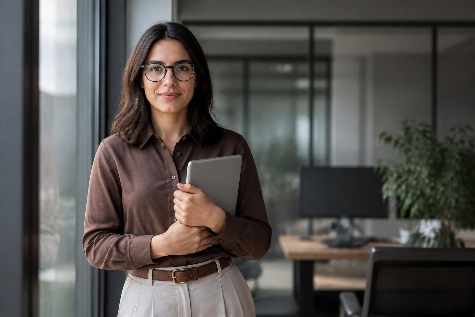 Mulher confiante em escritório moderno segurando um tablet, representando privacidade e proteção de dados.