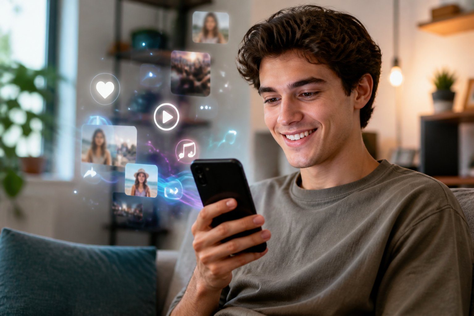 Pessoa jovem sentada em uma sala moderna, segurando um smartphone e sorrindo enquanto interage com conteúdo de redes sociais.