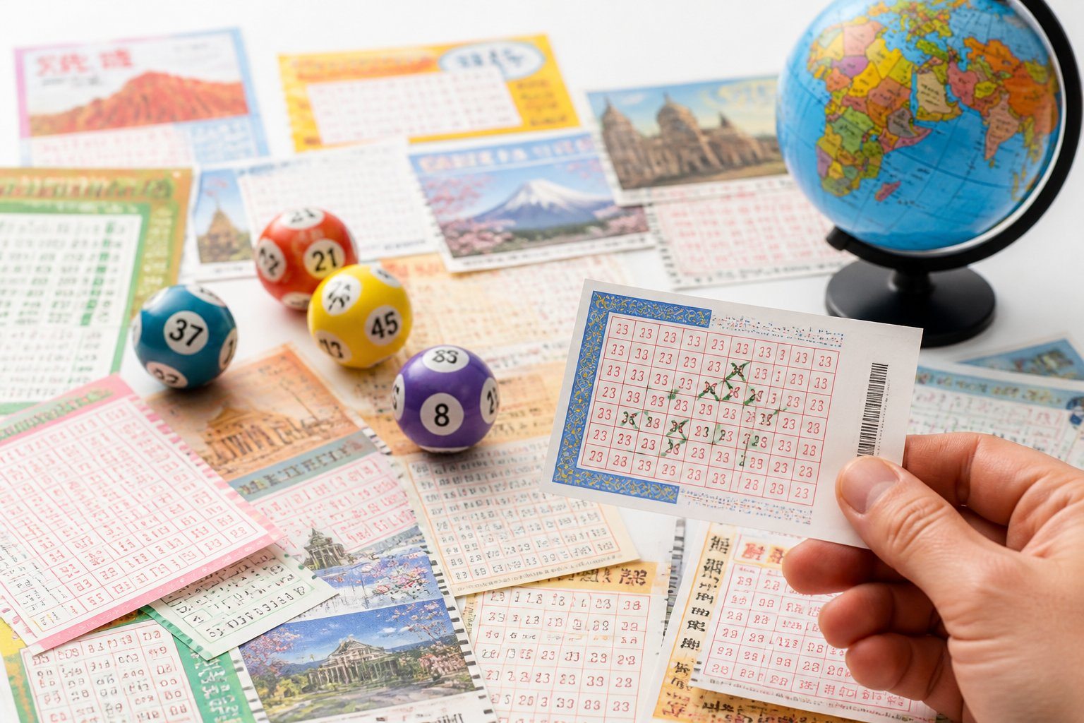 Diversos bilhetes de loteria internacionais e bolas numeradas coloridas sobre uma superfície limpa e iluminada.