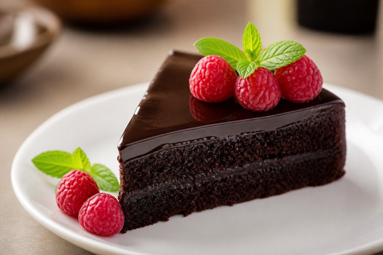 Bolo de chocolate preto decorado com framboesas e hortelã em um prato branco.