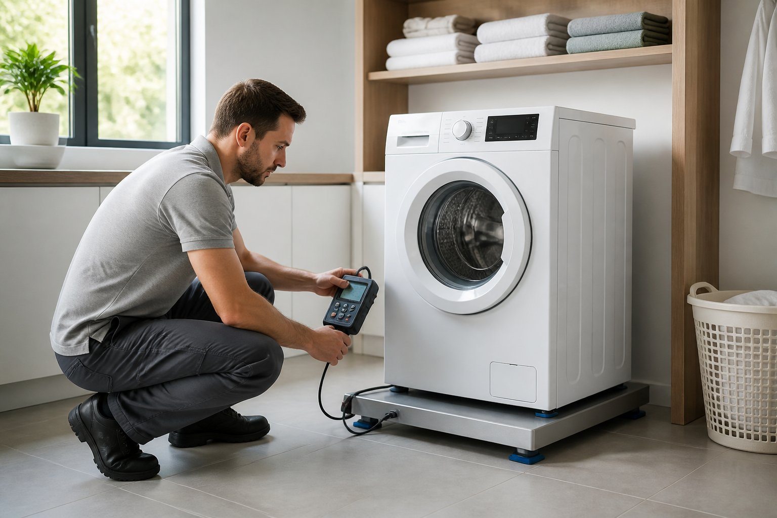 Uma máquina de lavar roupa moderna sendo pesada por uma pessoa em uma lavanderia organizada.