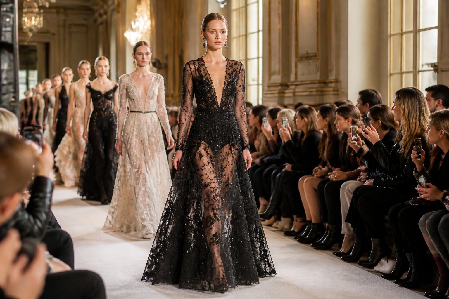 Modelos desfilando em uma passarela durante a Semana de Moda de Paris, com público assistindo em um local elegante.
