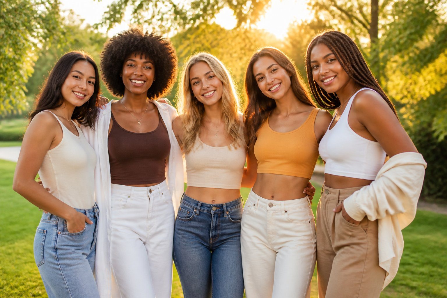Grupo de jovens mulheres sorrindo juntas ao ar livre com luz natural e árvores ao fundo.
